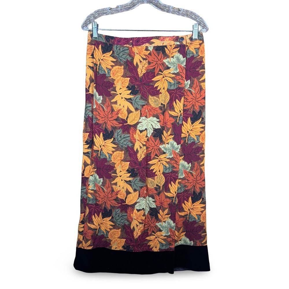Vintage Style Studio Autumn Leaf Print Wrap Maxi Skirt Womens Size Small USA